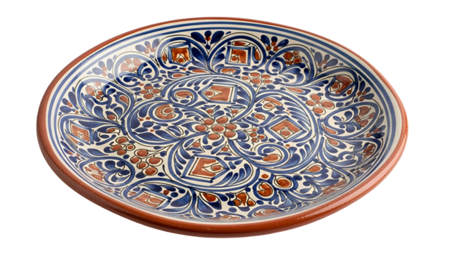 Ornate ceramic platter features traditional hand painted blue and brown decorative motif isolated on black