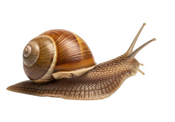 Detailed close up of a garden snail with a textured shell isolated on transparent background