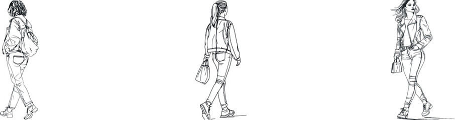 In a minimalist modern style, a continuous line drawing illustrates a college girl walking on the street with a bag, simply and elegantly