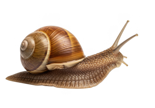 Detailed close up of a garden snail with a textured shell isolated on transparent background