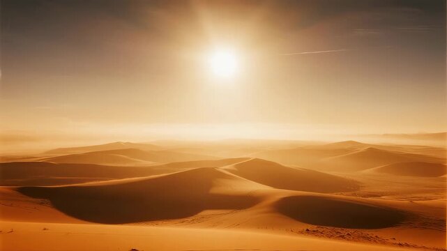 Drone moves diagonally over glowing golden desert dunes at sunset, wind lifts streams of sand along ridges, long shadows stretch across the surface, perfect cinematic footage for travel and nature.