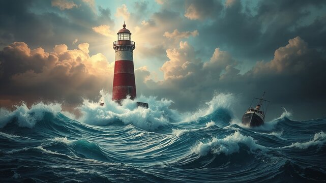 A towe red and white lighthouse bravely withstands the ferocious crashing waves under a dramatic cloudy sky, as a small ship struggles nearby in the turbulent sea. - Powered by Adobe