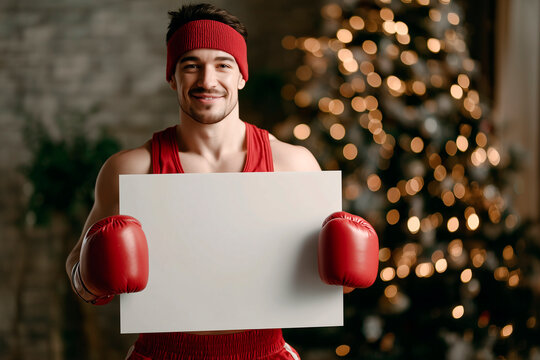 Muscular boxer in red gloves and headband holds a blank white sign in front of a lit Christmas tree, blending fitness with festive mood.