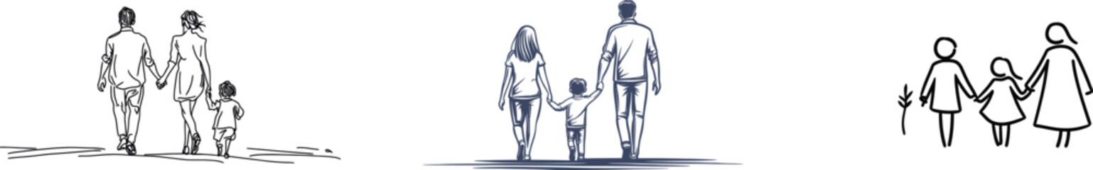 A minimalist design features a continuous one-line drawing of a happy family, comprising a mother, father, daughter, son, and kids, to convey the concept of modern parenting