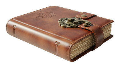 Old leather-bound journal secured with an ornate antique metal clasp is displayed against a dark background