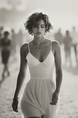A woman in a white dress walking on the beach