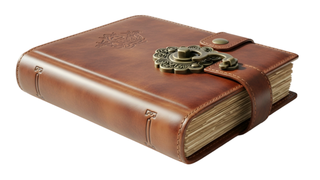 Old leather-bound journal secured with an ornate antique metal clasp is displayed against a dark background
