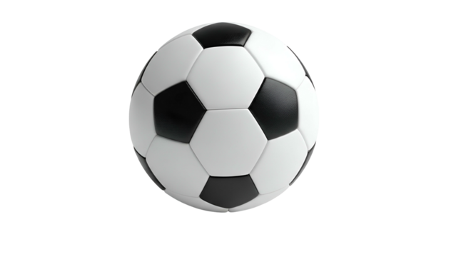 Classic black and white paneled ball floats against a dark background