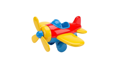 Brightly colored plastic propeller airplane toy isolated on black background