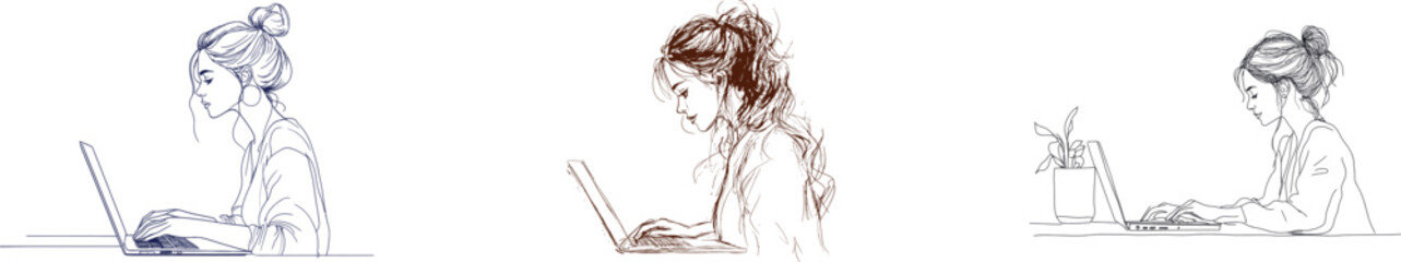 The modern secretary concept is represented by a continuous one-line drawing of a woman using a laptop, showcasing simplicity through a hand-drawn design