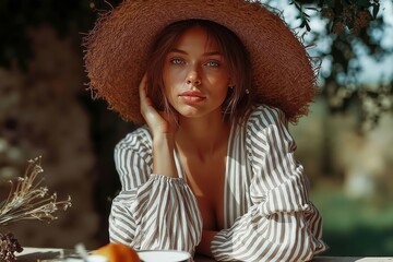 A woman in a straw hat sitting at a table with a cup of coffee