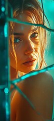 A woman with blue eyes looking through a fence