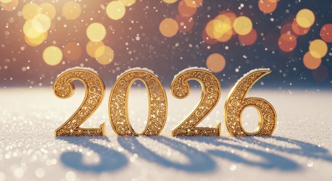 New Year celebration scene with golden 2026 numbers in the snow during winter festivities