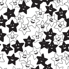 Seamless Pattern of Happy Black and White Stars with Faces