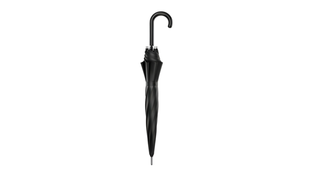 Closed black umbrella with curved handle displayed vertically against a solid dark background