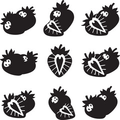 Black Silhouette Strawberry Illustrations on White Background