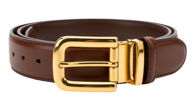 Polished brown leather accessory with gleaming gold-tone metal hardware rests isolated on a dark background.