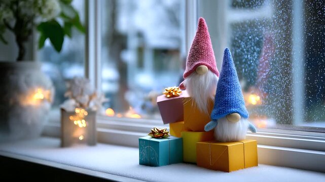 Faceless gnomes stacking colorful boxes near a frosted window, gentle snowfall visible through soft focus glass, warm indoor glow, with copy space.