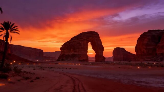 Camera tracks smoothly past tall palm trees and sandstone cliffs at sunset near AlUla, glowing orange and purple sky reflects on warm desert sand, creating a cinematic, tranquil atmosphere.