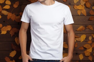 A man wearing a white t-shirt standing in front of a wooden wall with leaves