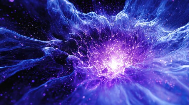 A vibrant, ethereal blue and purple nebula with a central point of light, surrounded by swirling clouds and stars in a cosmic setting.