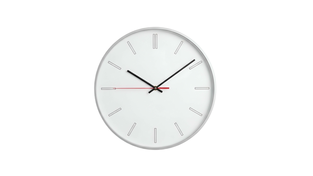 Minimalist wall clock face displays current time against a solid dark background