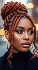 Obraz premium Woman with vibrant orange dreadlocks captures urban beauty in city setting during golden hour