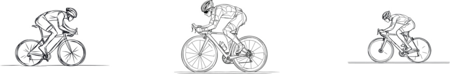 In a minimalist design, a continuous line drawing depicts a helmeted cyclist riding a bicycle as part of a sports competition scene