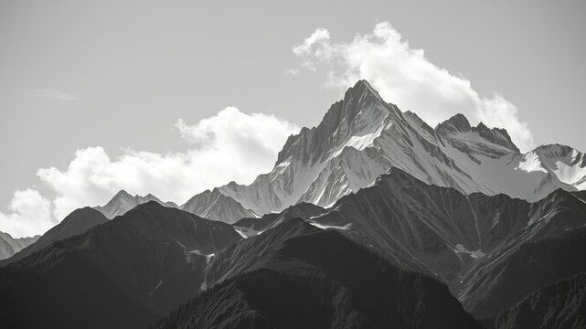 A striking monochrome landscape presents a majestic mountain range with snow-capped peaks piercing the sky under a scatte of fluffy white clouds on a bright day.