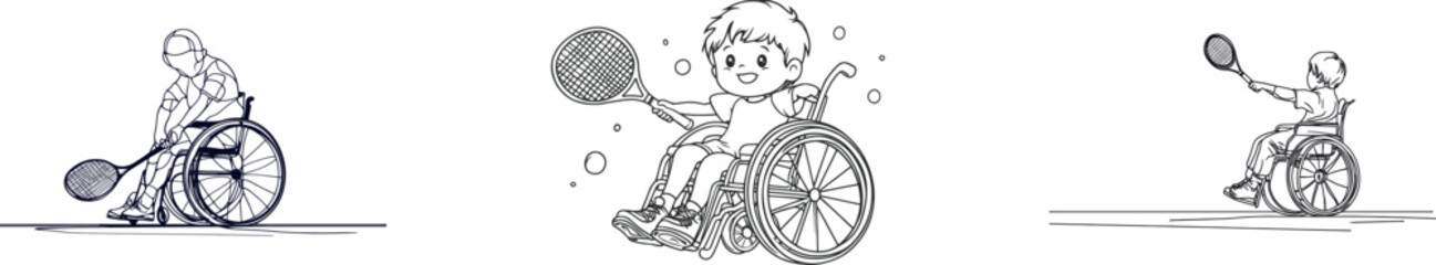 The image of a child with a disability playing a ball from a seated position in a wheelchair is created using a continuous one-line drawing