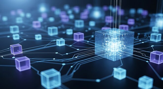 Abstract blockchain network with glowing cubes connected by lines.