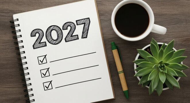 Checklist for planning goals and tasks for 2027 with a notebook, coffee, and a green plant on wooden table