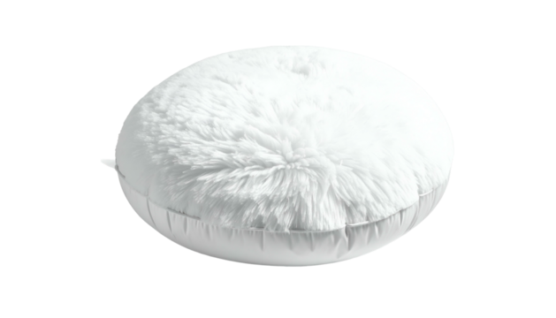 Round white fluffy cushion floats against a dark background