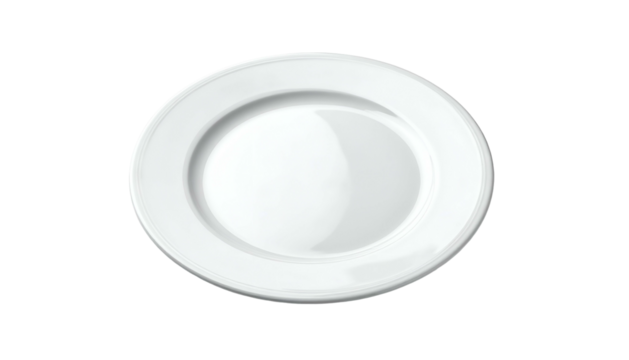 Round white ceramic dinner plate displayed centrally against a pure black background