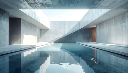 Fototapeta premium Minimalist pool reflects stark concrete walls and stairs under open sky, creating a serene, geometric vista