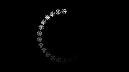 Loading animation of a looped waiting circle. White snowflakes move and rotate in a circle on a black isolated background. Switch to the next stage. Starts displaying on the screen. Buffering. - Powered by Adobe
