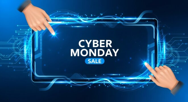 Human hands touching digital screen with Cyber Monday sale text. E-commerce marketing for online shopping discount event. Electronic retail promotion.