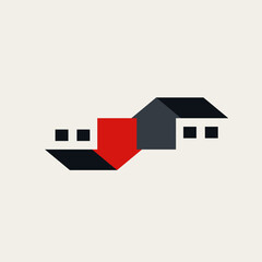 Two stylized houses with a sharp red arrow pointing downwards, representing falling property values, housing market risk, real estate crisis, and broader economic downturn.