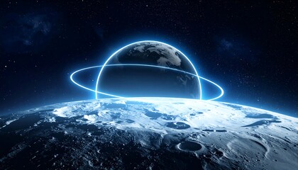 Moonscape with luminous ring, and Earth beyond, against a dark starry sky in a blue-toned, artistic visualization