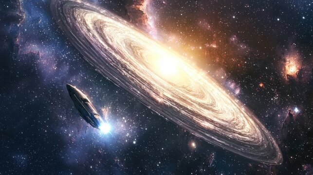 A spaceship flying near a massive spiral galaxy in a vast, star-studded universe with a bright, glowing sun at its core.