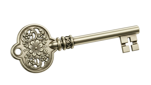Ornate antique style metal key with detailed floral engraving rests against a solid dark background - Powered by Adobe