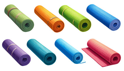 Collection of brightly colored exercise mats rolled up and displayed against a dark background