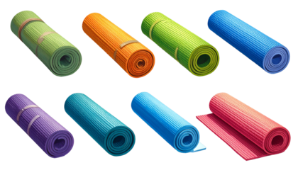 Collection of brightly colored exercise mats rolled up and displayed against a dark background