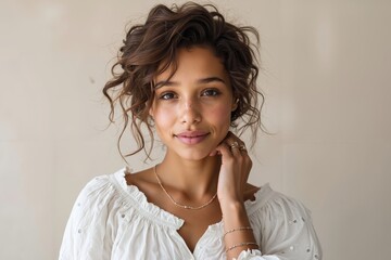 A woman wearing a white blouse and a gold necklace