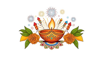 Diwali lamp with flowers and fireworks on a white background art