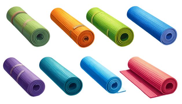 Collection of brightly colored exercise mats rolled up and displayed against a dark background