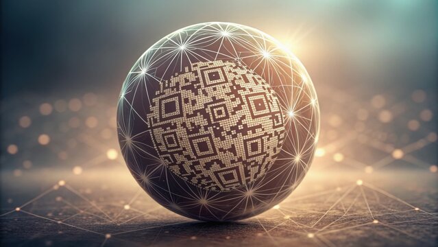 QR Code Sphere with Data Nodes and Geometric Pattern Background