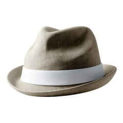 Stylish beige linen fedora hat, classic fashion accessory. Isolated elegant vintage style headwear design object