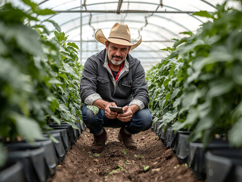 Modern farmer using a smartphone in a greenhouse. Smart agriculture and technology in farming concept. Man inspecting crop growth. - Powered by Adobe