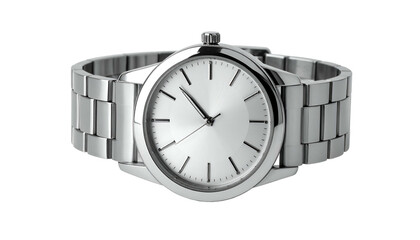 Sleek stainless steel wristwatch displays silver dial against deep black background